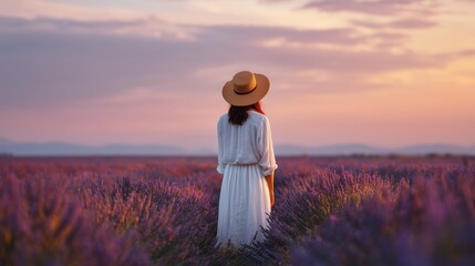 woman watching sunset in lavender field seeking peace and serenity