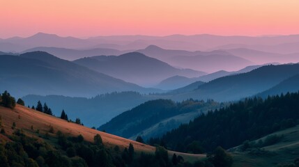 Fototapeta premium serene sunrise landscape with hills in soft yellow and pink tones