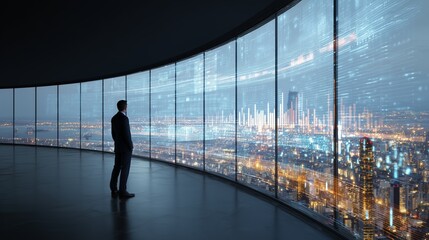 businessman analyzing digital data on futuristic city screen background