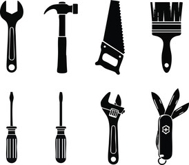 create a a Tool Icon set Instrument symbol, wrench, hammer, handsaw, print brush, screwdriver, adjustment wrench, victor illustration silhouette with white background.