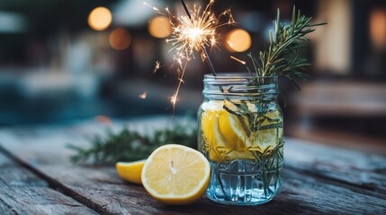 summer night bbq sparkler in blue jar with lemon and rosemary