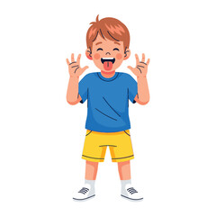 Playful Gesture of a Child: A cheerful young child, full of life and wonder, playfully sticks out his tongue and holds up his hands, illustrating the unbridled joy and simplicity of childhood.
