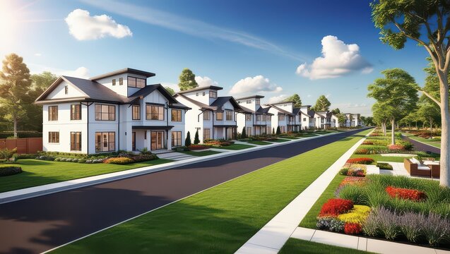 A row of identical modern houses lines a street under a bright blue sky with fluffy white clouds