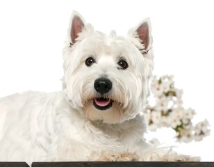 White dog, spring flowers