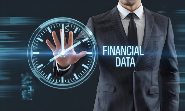 Businessman Halting Financial Data Flow: Clock-hand Gesture in a Modern Digital Interface, Blue Tones