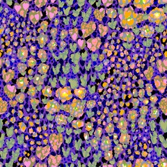 A vibrant, abstract seamless pattern featuring a mix of colorful dots and irregularly shaped flowers combined with animal print