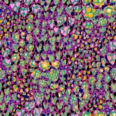 A vibrant, abstract seamless pattern featuring a mix of colorful dots and irregularly shaped flowers combined with animal print