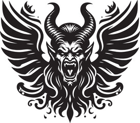 Obraz premium Intense Black and White Illustration of a Demon with Horns, Wings, and Fangs Showing Anger
