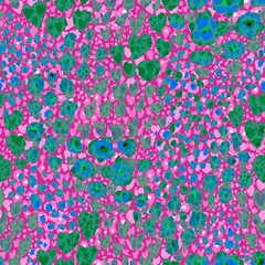 A vibrant, abstract seamless pattern featuring a mix of colorful dots and irregularly shaped flowers combined with animal print