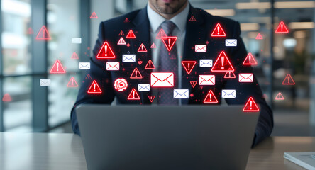 Businessman Working on Laptop with Email Security Alert Symbols and Data Breach Icons, Cybersecurity Risks Concept
