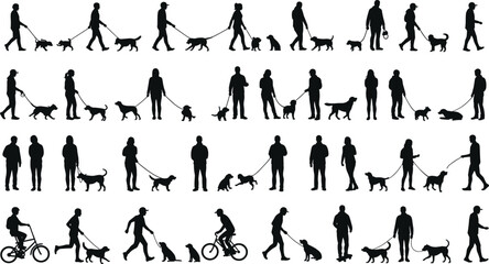 Silhouettes of people walking dogs in various poses, standing, cycling, interacting, pet care, outdoor activity, vector illustration design collection