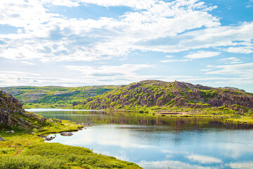 Fototapeta premium Beautiful northern landscape in the Teriberka Nature Park on the shore of the Barents Sea.