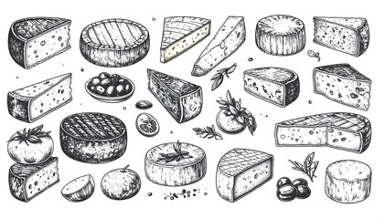 Hand-drawn illustration of various cheese types