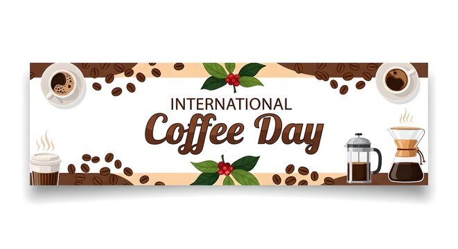 International coffee Day horizontal banner design with cups, beans, and brewing equipment. Celebration concept for beverage.