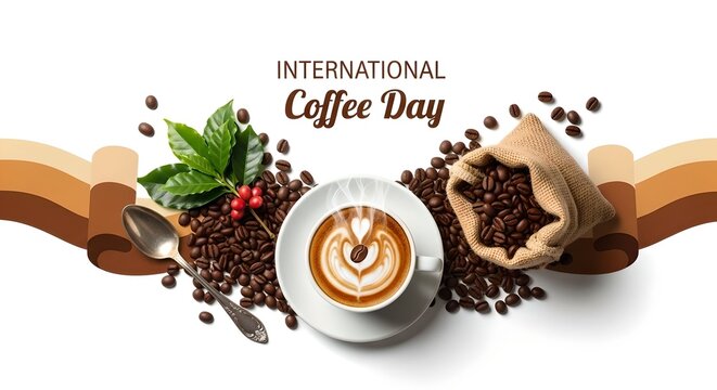 International coffee Day horizontal banner design with cups, beans, and brewing equipment. Celebration concept for beverage.