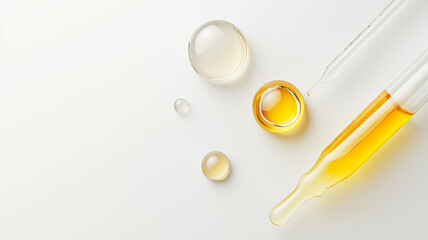 High-quality image of essential oils in dropper and droplets on a white background, perfect for skincare themes.
