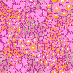 A vibrant, abstract seamless pattern featuring a mix of colorful dots and irregularly shaped flowers combined with animal print