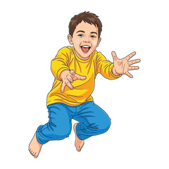 Joyful leap: A vibrant and cheerful illustration of a young child mid-jump, exuding pure happiness and excitement. His arms outstretched in a welcoming embrace.