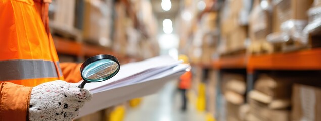 Warehouse worker inspects documents with magnifying glass in a large warehouse