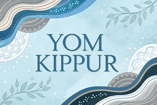 Yom Kippur greeting card with an elegant and modern abstract design in serene blue and grey tones, featuring decorative patterns and leaves generative ai