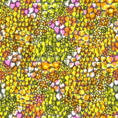 A vibrant, abstract seamless pattern featuring a mix of colorful dots and irregularly shaped flowers combined with animal print