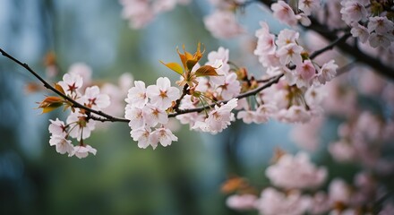 Delicate cherry blossoms in full bloom, a beautiful and tender spectacle of spring. The soft focus enhances the beauty and conveys a feeling of tranquility.