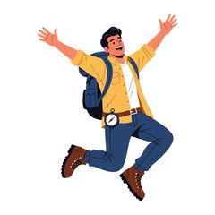 Adventure Awaits: An excited individual, fully geared with backpack and compass, leaps for joy, celebrating the thrill of exploration.