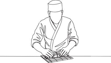 Elegant line art depicting a sushi chef meticulously crafting a