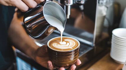 A photo of a barista pouring latte art into a ceramic cup with a steaming milk pitcher.
