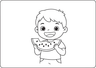 Fototapeta premium Line art illustration of a happy boy enjoying a slice of waterme