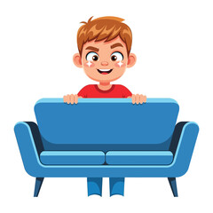 Boy on a blue sofa: A cheerful boy leans playfully over a vibrant blue sofa, with a happy expression in a graphic resources style.
