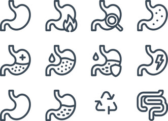 Stomach health icons, digestive system illustration, gastrointestinal pain, acid reflux, stomach disease, intestine, digestion process, medical diagnosis, healthcare, metabolism