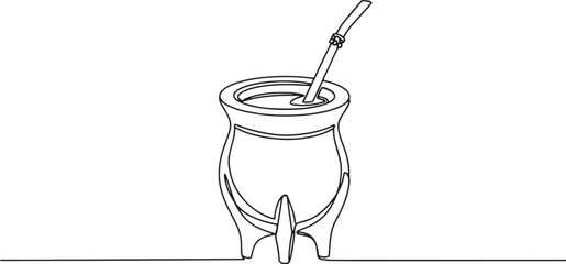Single line drawing of yerba mate cup, traditional south america