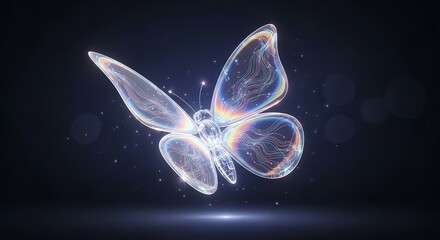 Elegant iridescent butterfly with glowing trails on dark backdrop