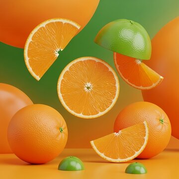 Minimalist Stock Image of Oranges and Slices in 3D Render