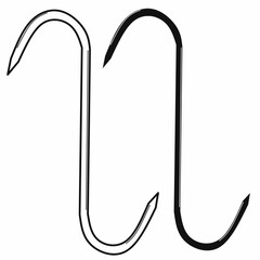 vector illustration of meat hook, butcher tool with sharp curved ends, used for hanging beef, pork, or fish, outline and silhouette icon for food industry design.
