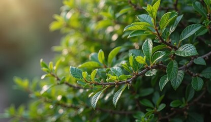 Sunlight softly illuminates dense green leaves of a decorative shrub. Glossy foliage reflects shades of green, conveying freshness, nature, and a serene eco-friendly atmosphere