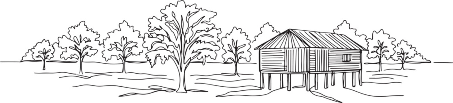 Simple line illustration of a rural cabin in a pecan plantation