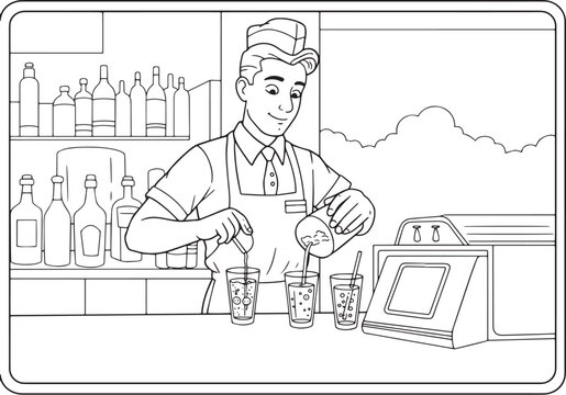 Retro soda jerk pouring beverages at an old-fashioned soda fount