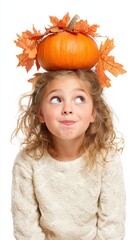 A cheerful little girl wearing a pumpkin on her head, making a funny face while looking up, surrounded by autumn leaves on a white background for a festive Halloween vibe.