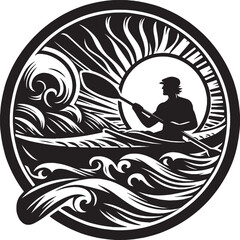 Black and White Kayaking Silhouette Logo on Ocean Waves with Sun, Outdoors Adventure Symbol