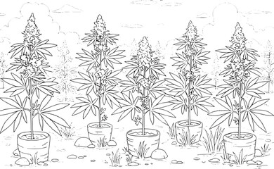 Obraz premium Illustration of a hemp plantation with plants in pots, against a