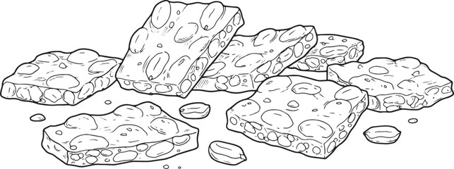 Hand-drawn illustration of peanut brittle pieces on a white back