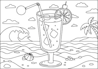 Line art illustration of a tropical drink on a beach, perfect fo