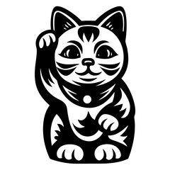 Black and white illustration of a Maneki Neko lucky cat waving