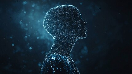 Futuristic human head silhouette made of glowing neural connections and digital particles, abstract artificial intelligence visualization, deep technology and science background