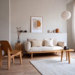 Minimalist living room interior design, sunlight, calm