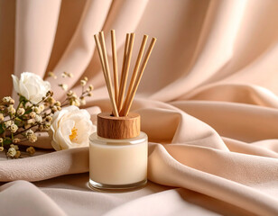 Elegant aroma diffuser with wooden sticks placed on soft beige fabric, surrounded by delicate white roses. Minimalist home decor concept creating a calm and cozy atmosphere.