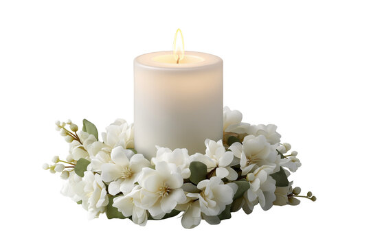 A lit white candle surrounded by delicate white flowers creates a serene and elegant centerpiece perfect for ceremonies transparent background