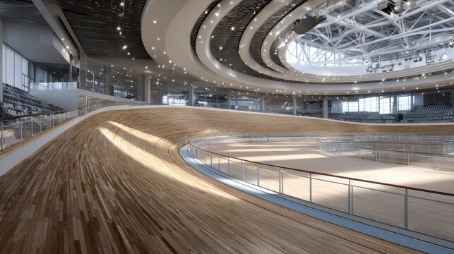 Velodrome interior view, showing smooth, banked wooden track and grandstand seating